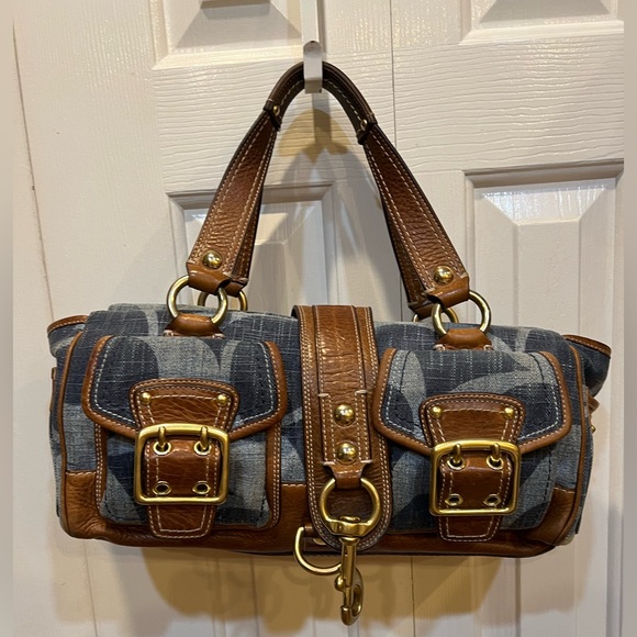 Coach Handbags - RARE Coach Legacy Blue Denim & Tobacco Leather Mandy Leather Satchel 10827